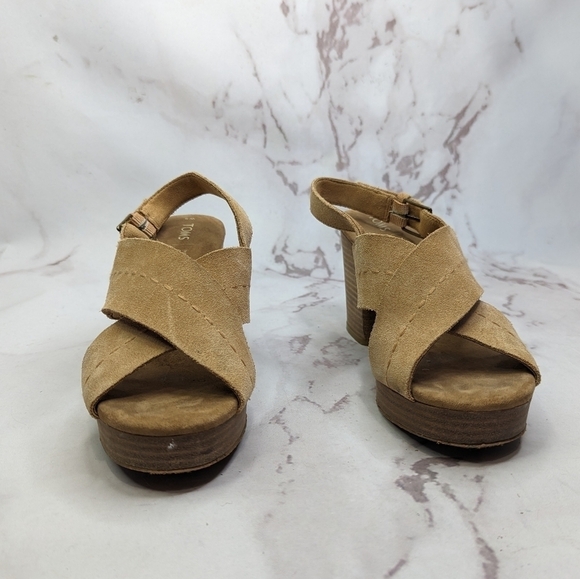 Toms Sandal Womens 9 Platform Ibiza Slingback Heels Shoe Brown Tan Suede Cross - Picture 3 of 13